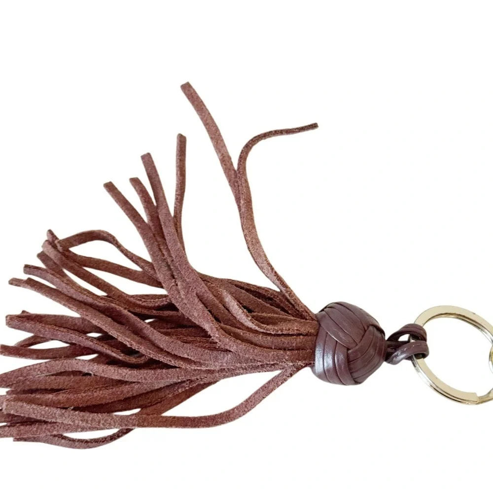Brown Leather Tassel Keychain Gold Hardware Bag Charm